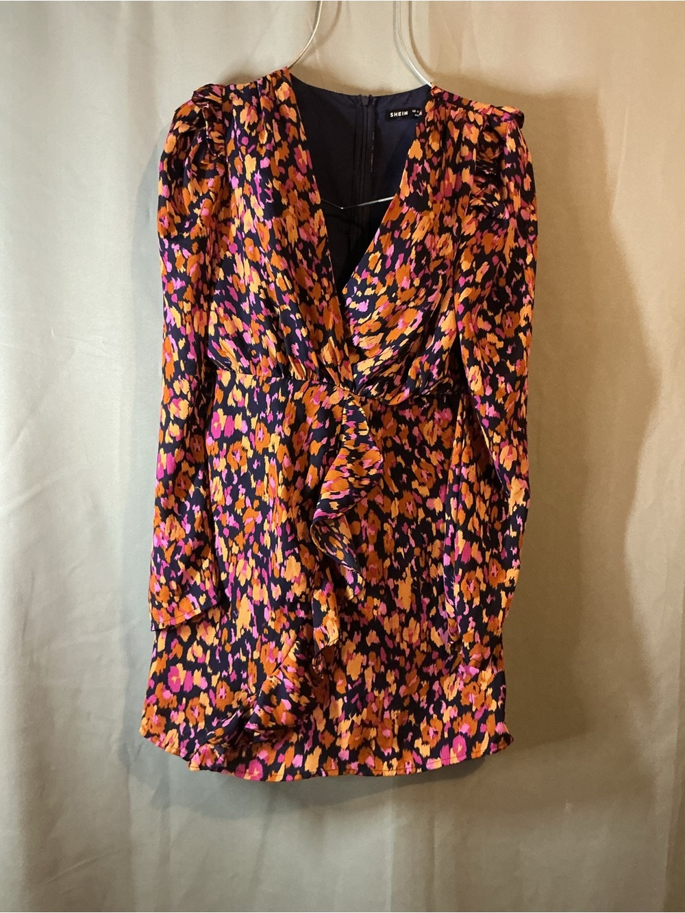 Women’s Printed Wrap Dress Top — Black with Orange & Pink Floral